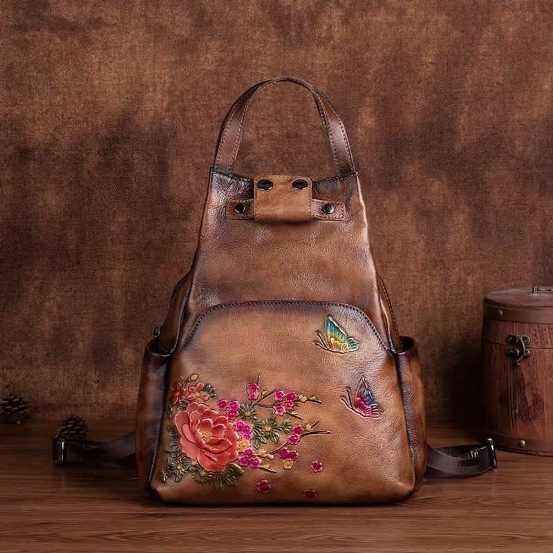 Genuine Leather Embossed Shoulder Bag Women Backpack 2025 New Retro Large Capacity Nature Cowhide Travel Backpacks