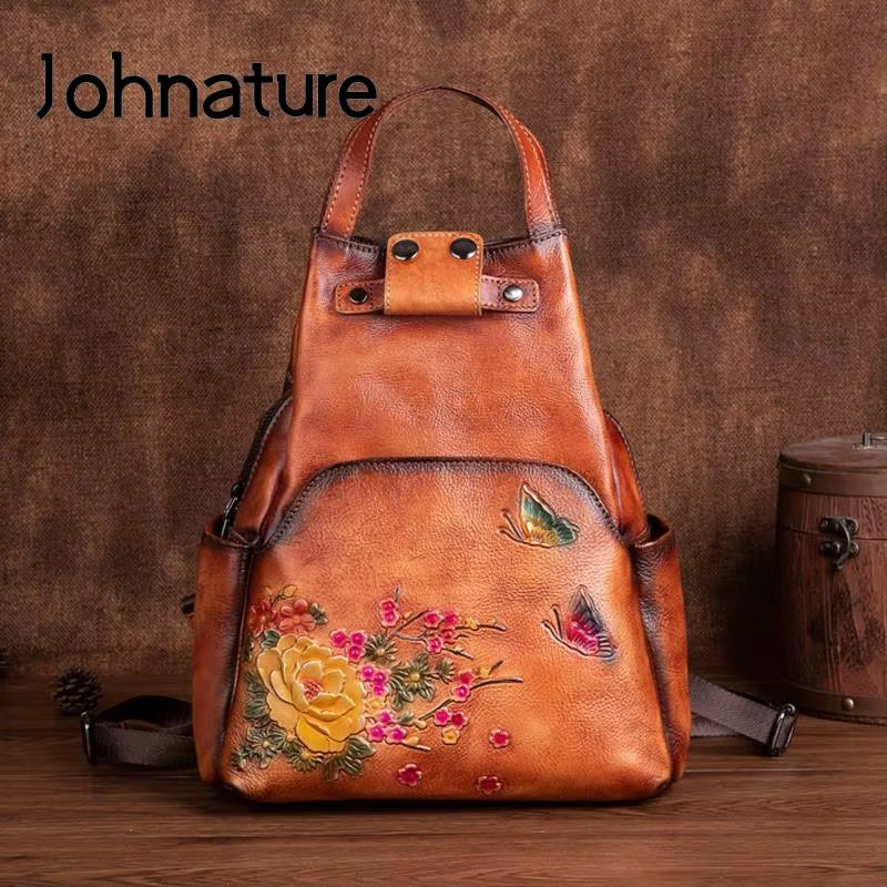 Genuine Leather Embossed Shoulder Bag Women Backpack 2025 New Retro Large Capacity Nature Cowhide Travel Backpacks
