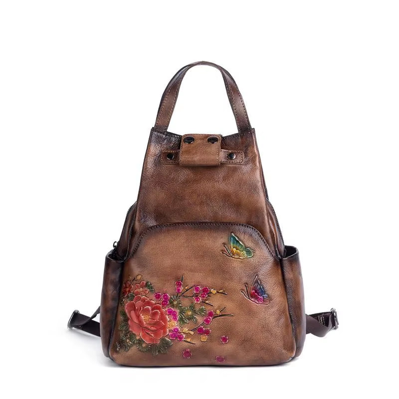Genuine Leather Embossed Shoulder Bag Women Backpack 2025 New Retro Large Capacity Nature Cowhide Travel Backpacks