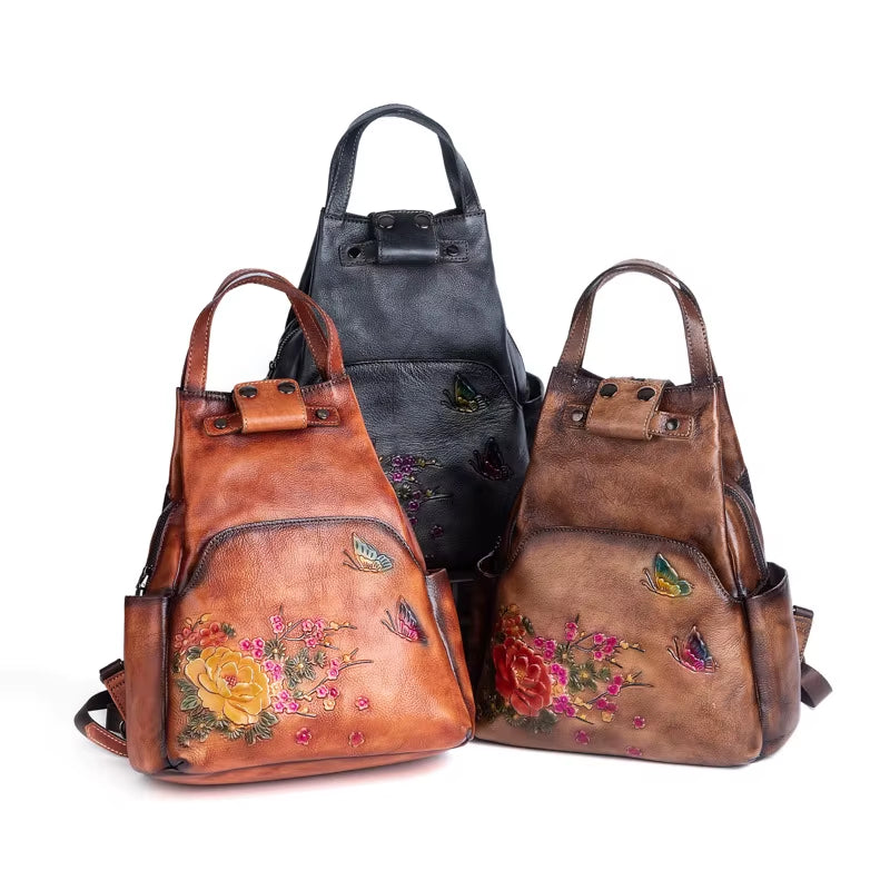 Genuine Leather Embossed Shoulder Bag Women Backpack 2025 New Retro Large Capacity Nature Cowhide Travel Backpacks