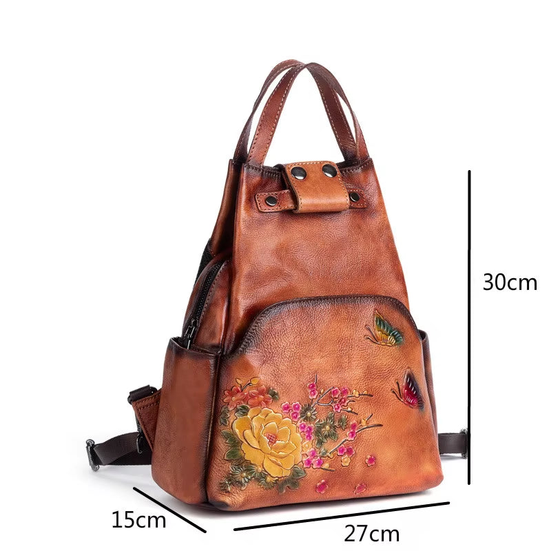 Genuine Leather Embossed Shoulder Bag Women Backpack 2025 New Retro Large Capacity Nature Cowhide Travel Backpacks