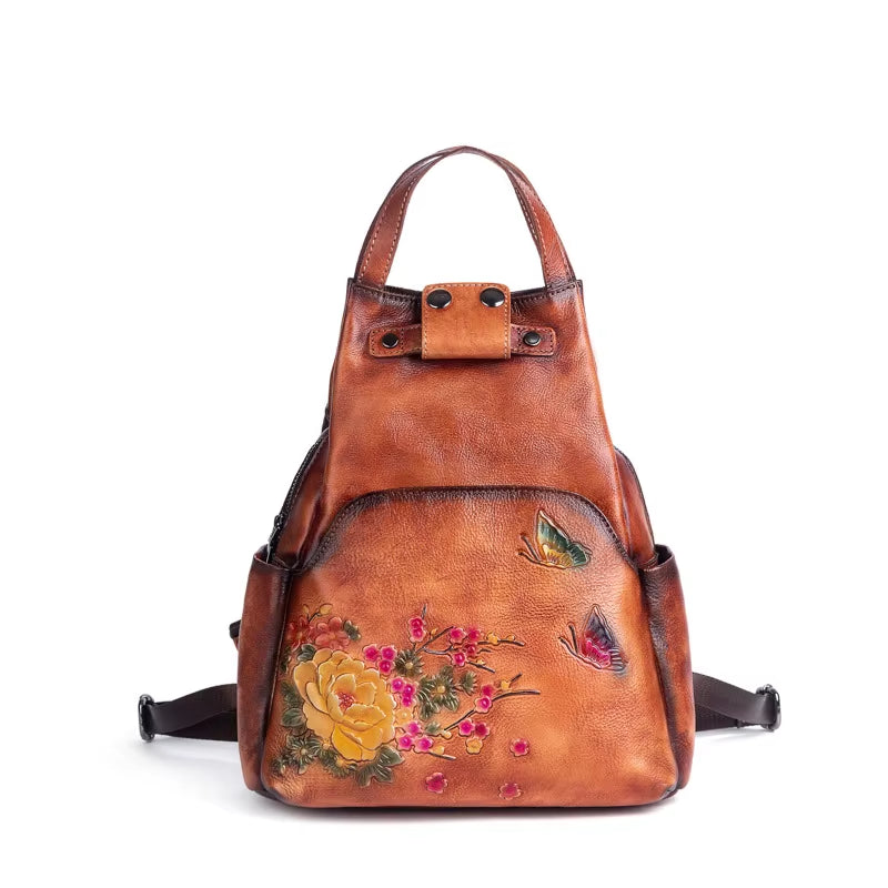 Genuine Leather Embossed Shoulder Bag Women Backpack 2025 New Retro Large Capacity Nature Cowhide Travel Backpacks
