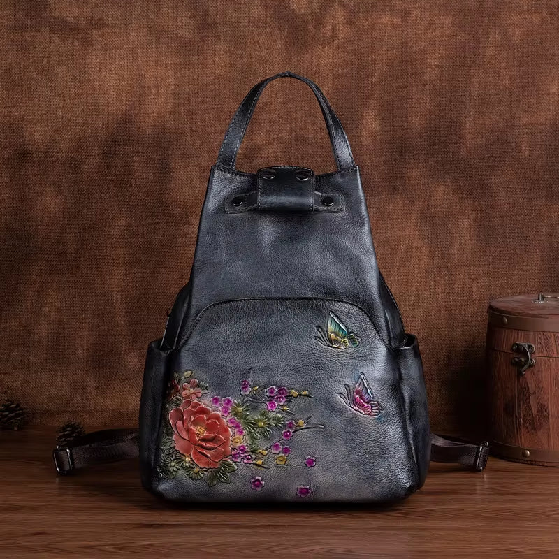 Genuine Leather Embossed Shoulder Bag Women Backpack 2025 New Retro Large Capacity Nature Cowhide Travel Backpacks