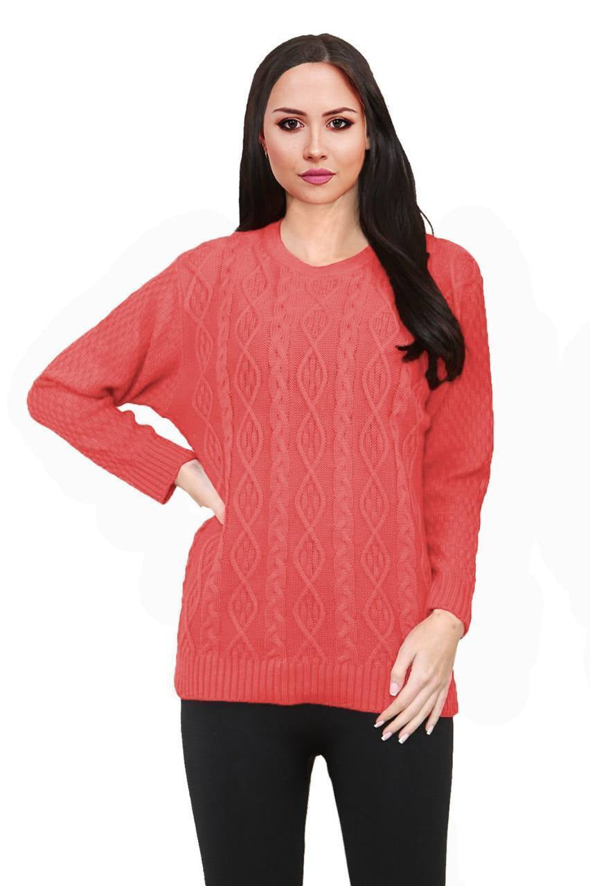 Women Long Sleeve Chunky Cable Knitted Crew Neck Winter Sweater Jumper Top