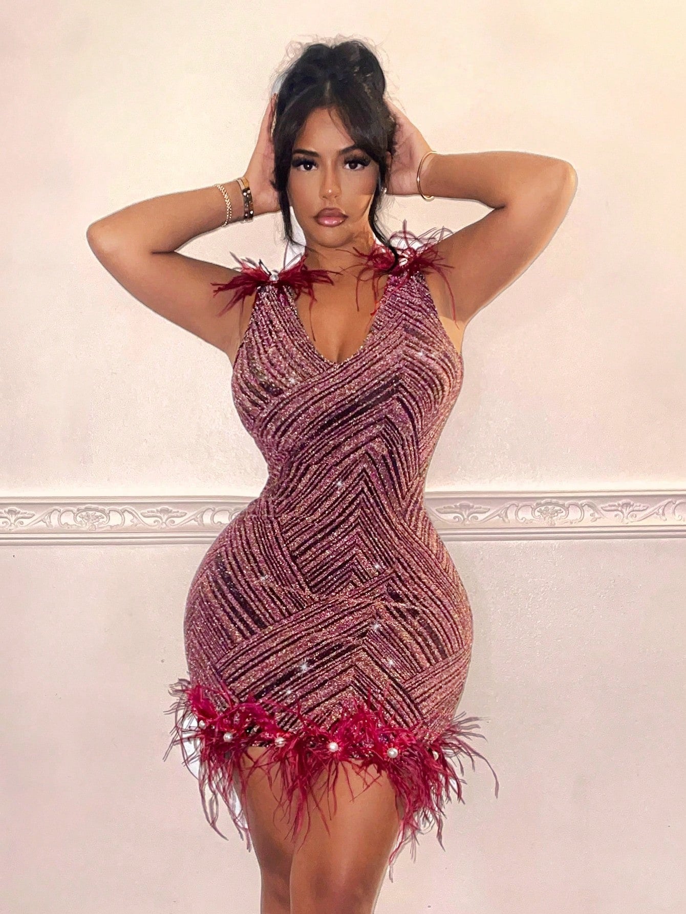 SHEIN SXY New Year'S Eve Party Dress - Mini Sexy Feathered Dress with Gold and Silver Threads