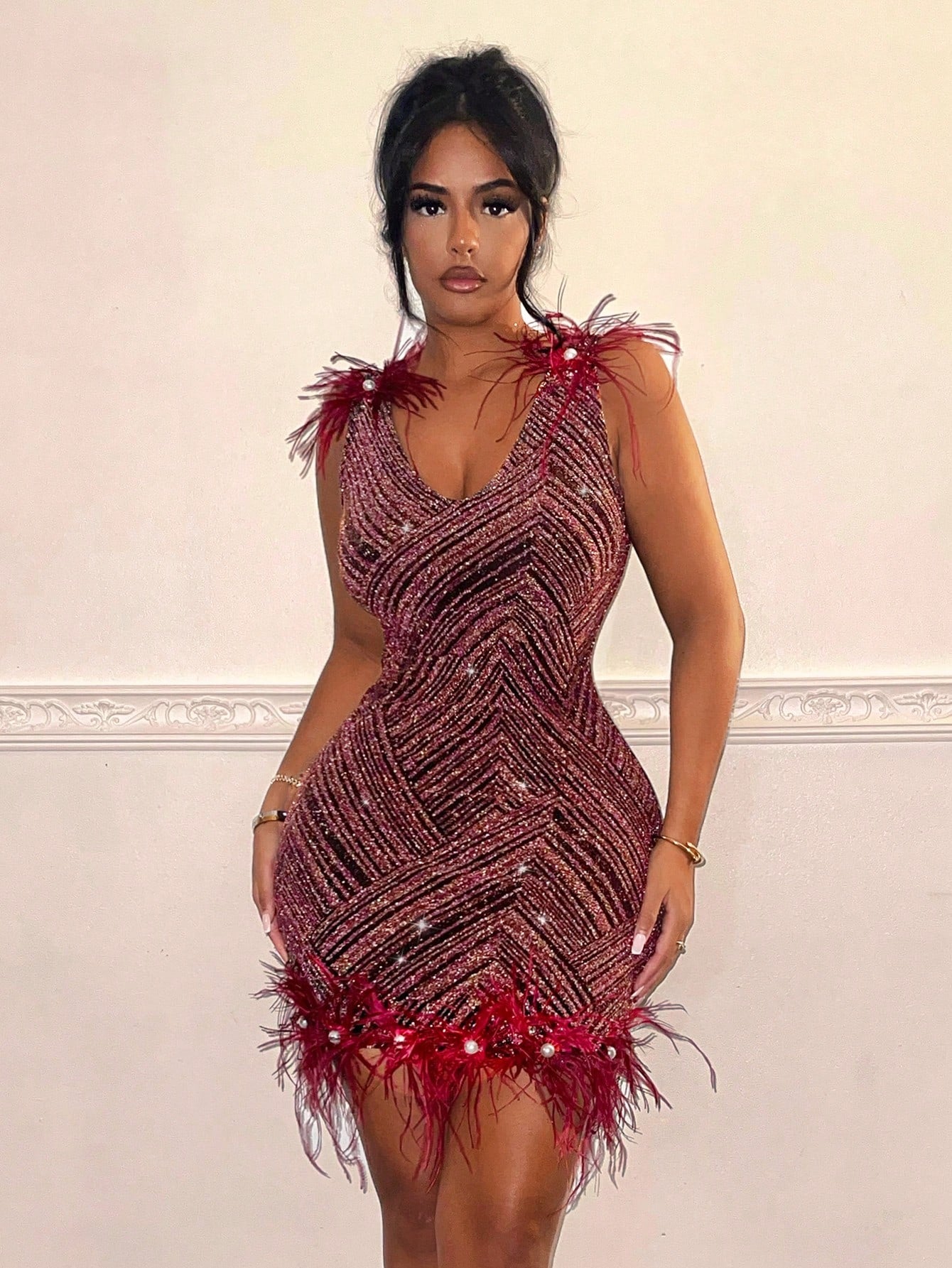 SHEIN SXY New Year'S Eve Party Dress - Mini Sexy Feathered Dress with Gold and Silver Threads