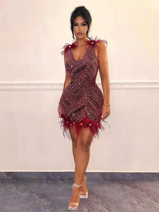 SHEIN SXY New Year'S Eve Party Dress - Mini Sexy Feathered Dress with Gold and Silver Threads